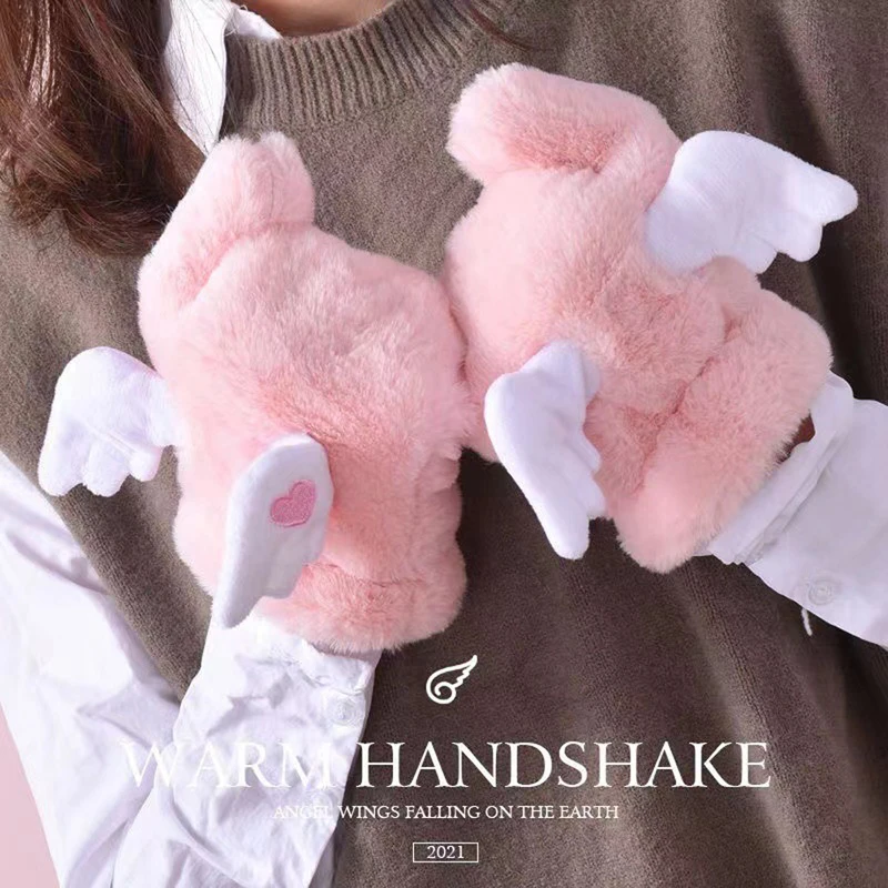 

6 Colors Girls Winter Gloves Detachable Neck Long String Cute Movable Wings Plush Warm Gloves Cold Weather Mittens