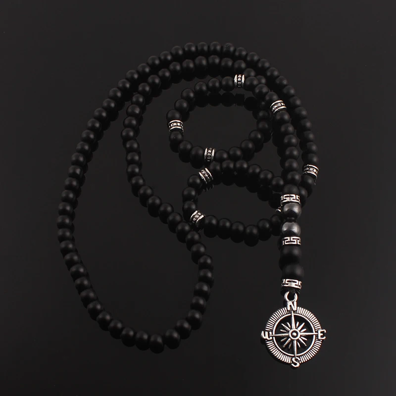 6mm Matte Black Obsidian Necklace with Compass Pendant for Men Handmade Jewelry