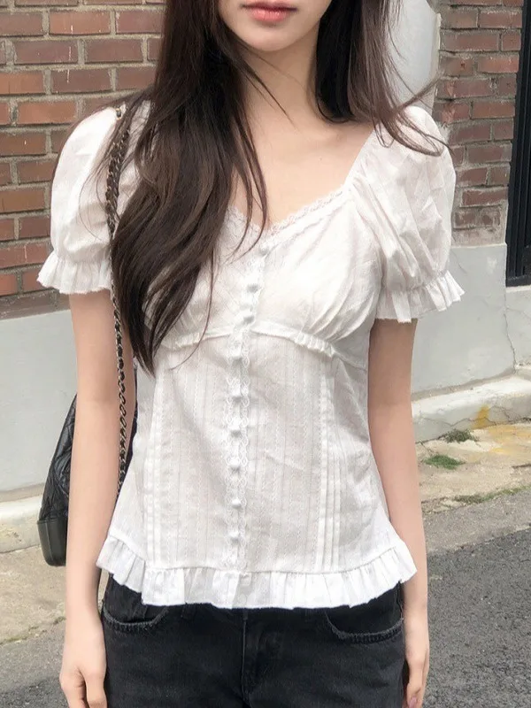

Chic Short Sleeve Lace Trim Shirt Slim Fit Bubble Sleeve Women's Fashion Summer New Arrival Sexy Korean Style Ice Silk Shirt