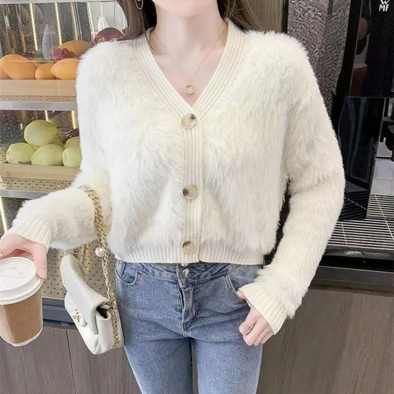 Autumn Winter Women\'s SolidV-Neck Flocked Button Screw Thread Long Sleeve Sweater Knitted Cardigan Coats Fashionable Casual Tops