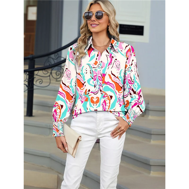 

ABRT-Women 2025 Loose V-Neck Shirts Print Lantern Sleeve Blouse Boho Tops