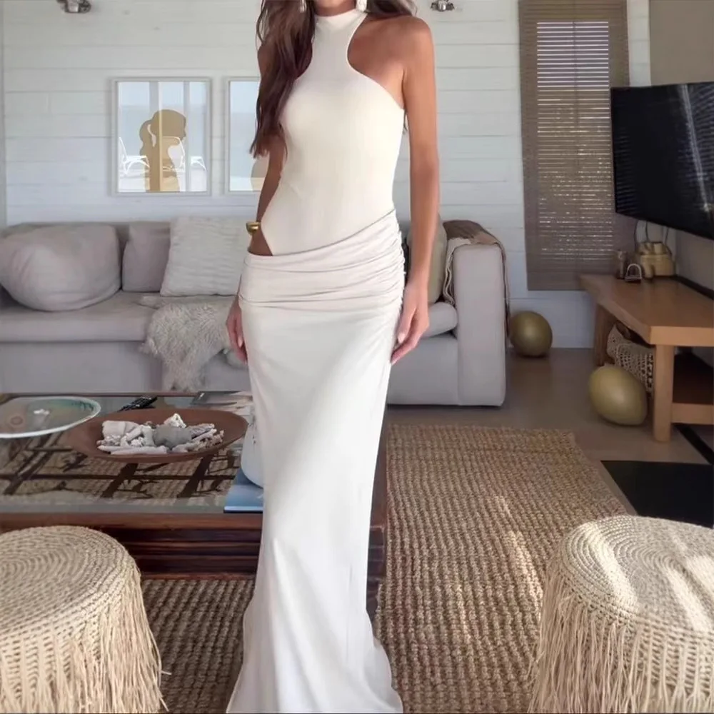 Chic Neck Hanging Sexy Dress Women Luxury High-end Design Evening Long Dresses Ruffled Edge Hollow Out Sleeveless Maxi Dresses