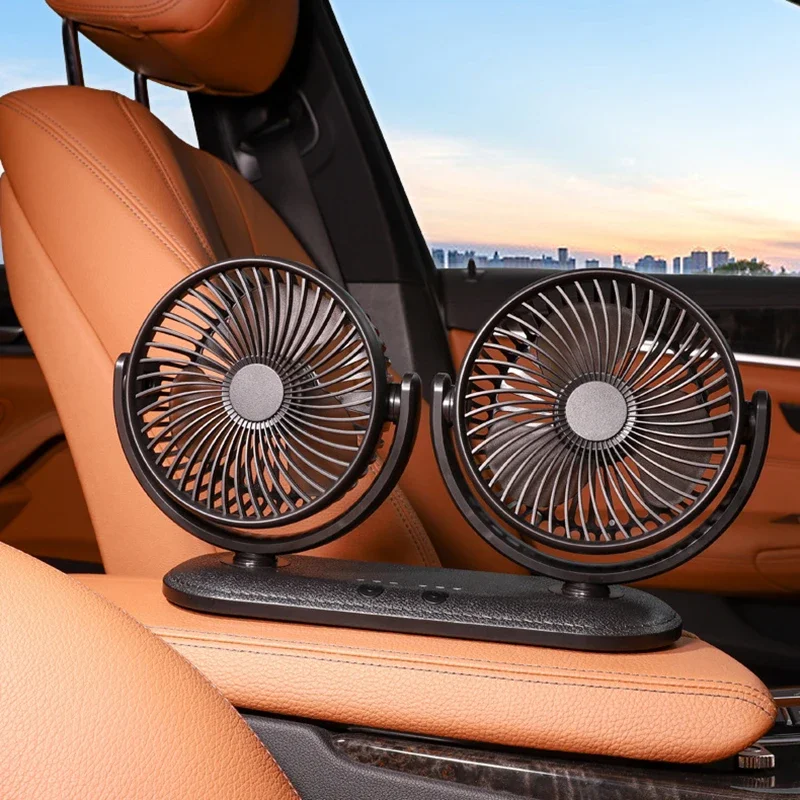 12/24V Portable Mini Car Fan - 360 Degree All-Round Adjustable Auto Air Cooling Dual Head USB Fans