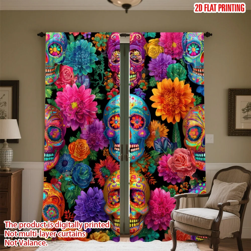

2D flat printing 2pcs Party Curtain Day of the Dead Skulls(1) Digital Printed Polyester Drapes All Season Party & Holiday Decor