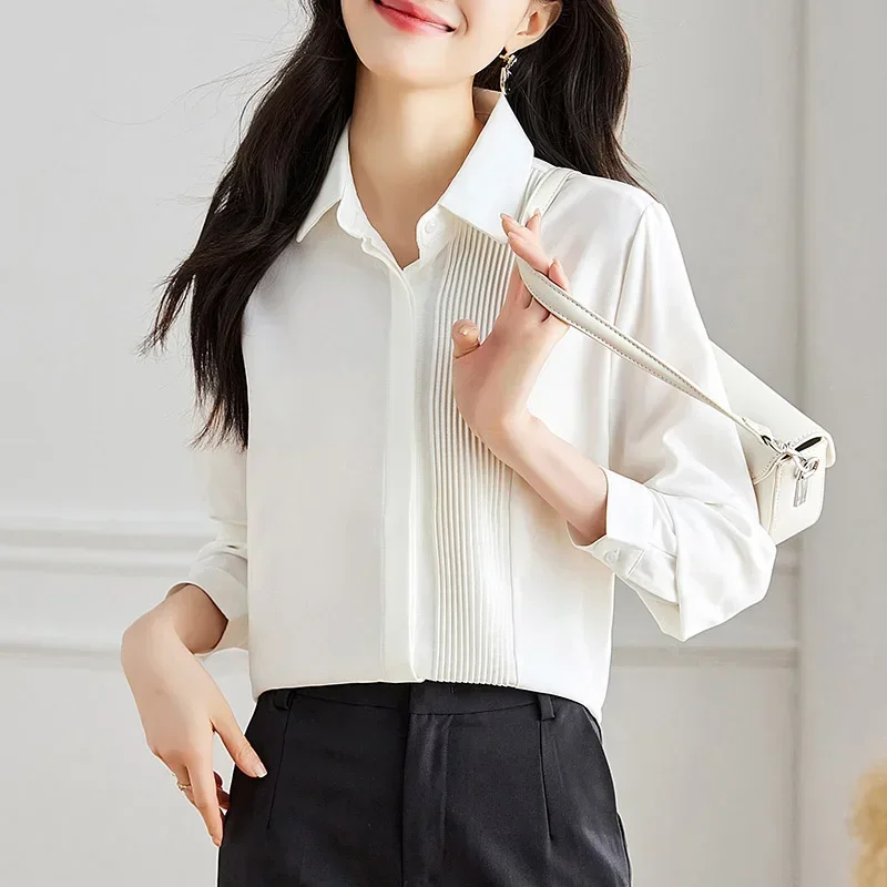 Office Lady Solid Faench Fashion Commuting Chiffon Shirt Spring Long Sleeve Striped Elegant Loose Blouses Female Top