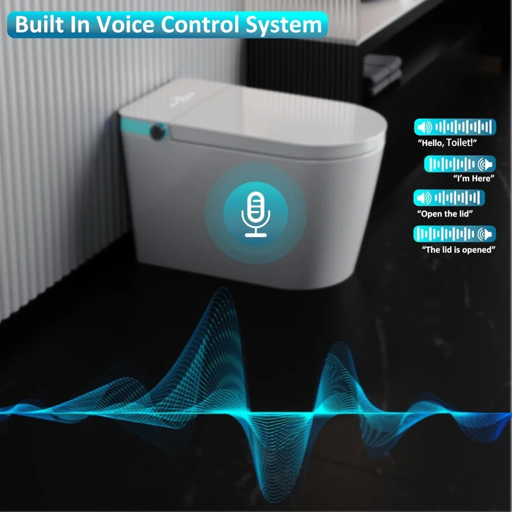 Smart Toilet with Voice Control, AUTO Open&Close, Wider Heated Bidet Toilet Seat with Soft-close, Warm Water and Air Drying