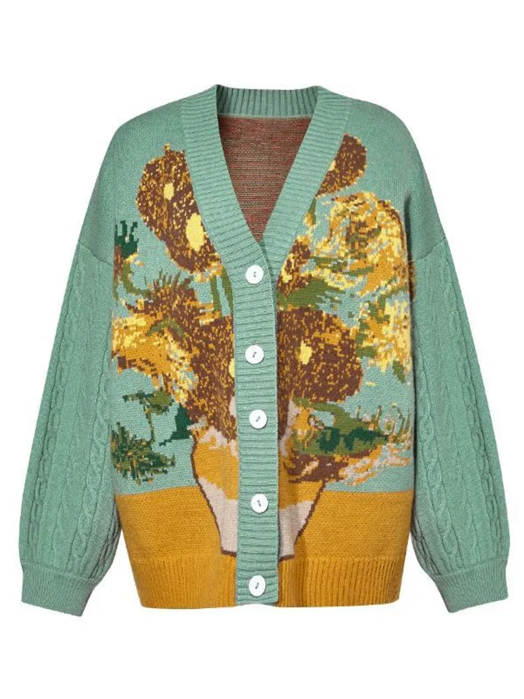 Unisex Cardigan Sweater Harajuku Van Gogh Sunflower Knitted Button Cardigan Women Men Autumn Casual Loose Knit Top Green Blue