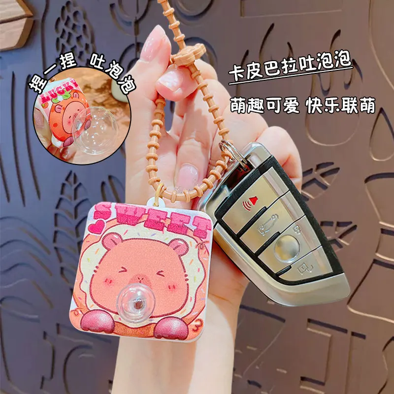 Kawaii Capybara Square Blow Bubbles Doll Keychain Pendant Stress Vent Relief Cartoon Hand Pinch Toy Cute Soft Bag Ornament Gift