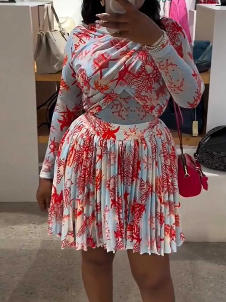 Woman Summer Skirt Set Elegant Printed Long Sleeve Top with Mini Skirt 2 Piece Set Sexy Short Skirt Set Streetwear Matching Sets
