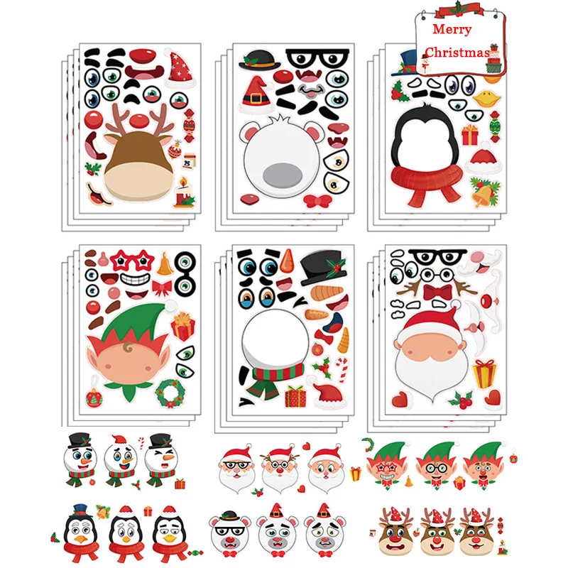 DIY Make Your Own Christmas Stickers For Kids Reindeer Snowman Elf Mix and Match Puzzle Sticker Sheets Holiday Party Favors Gift