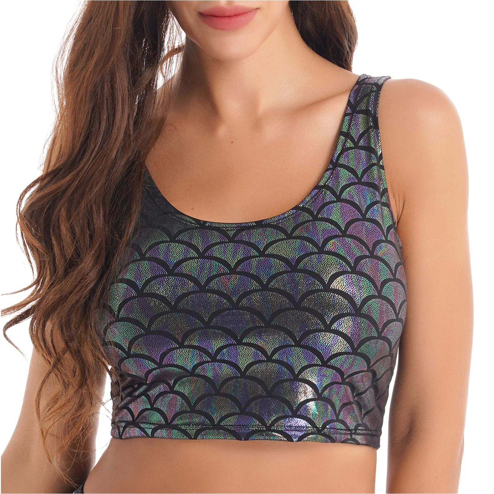 Women Shiny Metallic Crop Top Y2K Mermaid Fish Scale Print Cropped Tank Top Vest Festival Rave Pole Dance Costume Party Clubwear