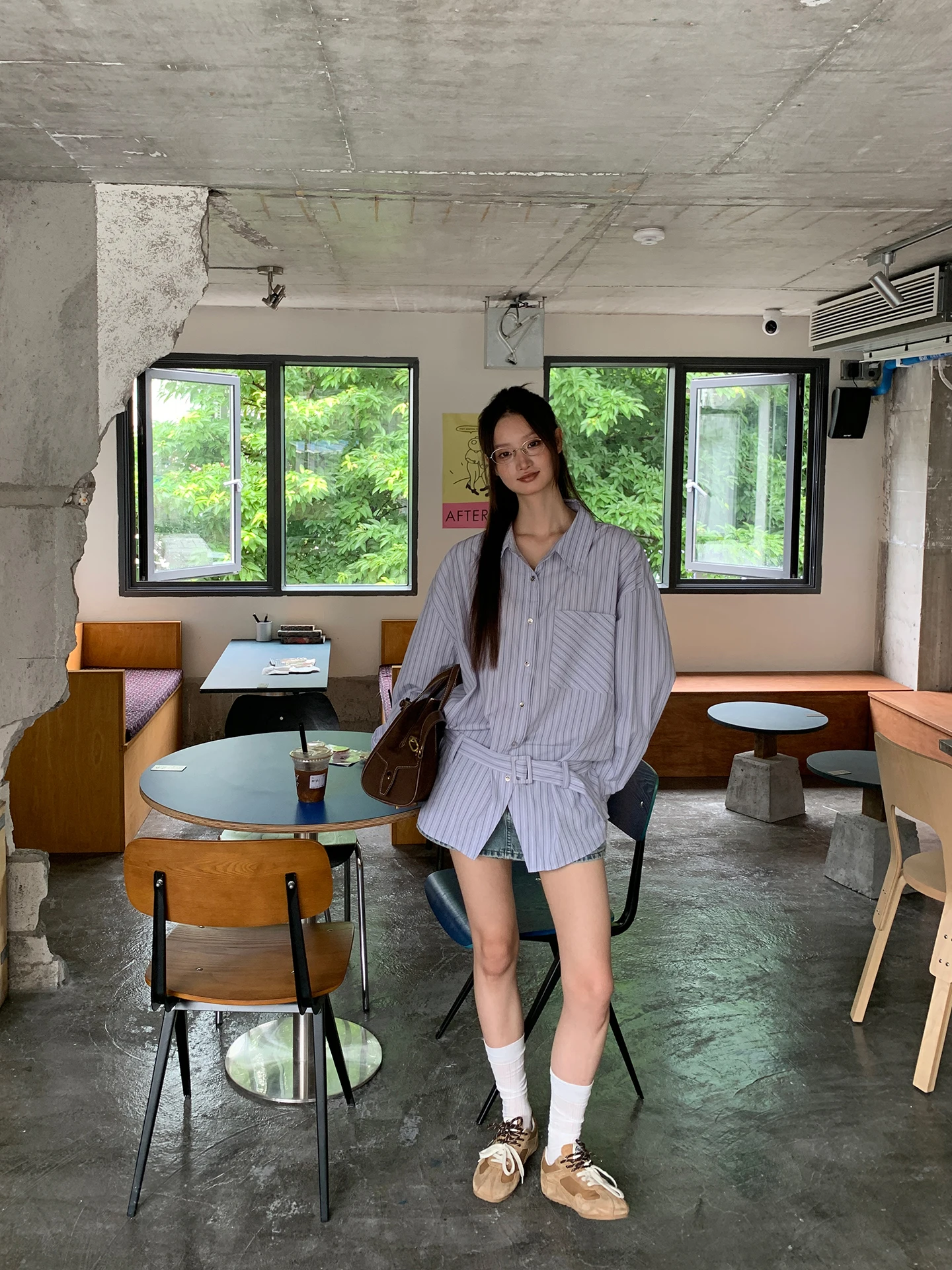 قميص نسائي فضفاض بأكمام طويلة وخطوط زرقاء، ملابس خارجية للخريف، تصميم راقٍ وفريد وأنيق من مزيج القطن بياقة بولو #2