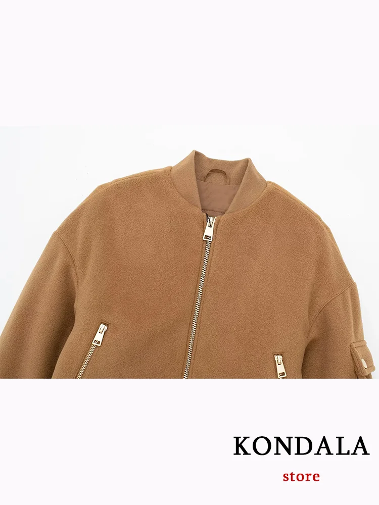 KONDALA Vintage Casual Chic Bomber Jacket Solid Zipper O-neck Pocket Long Sleeve Coats Fashion 2023 Autumn Winter Outwears