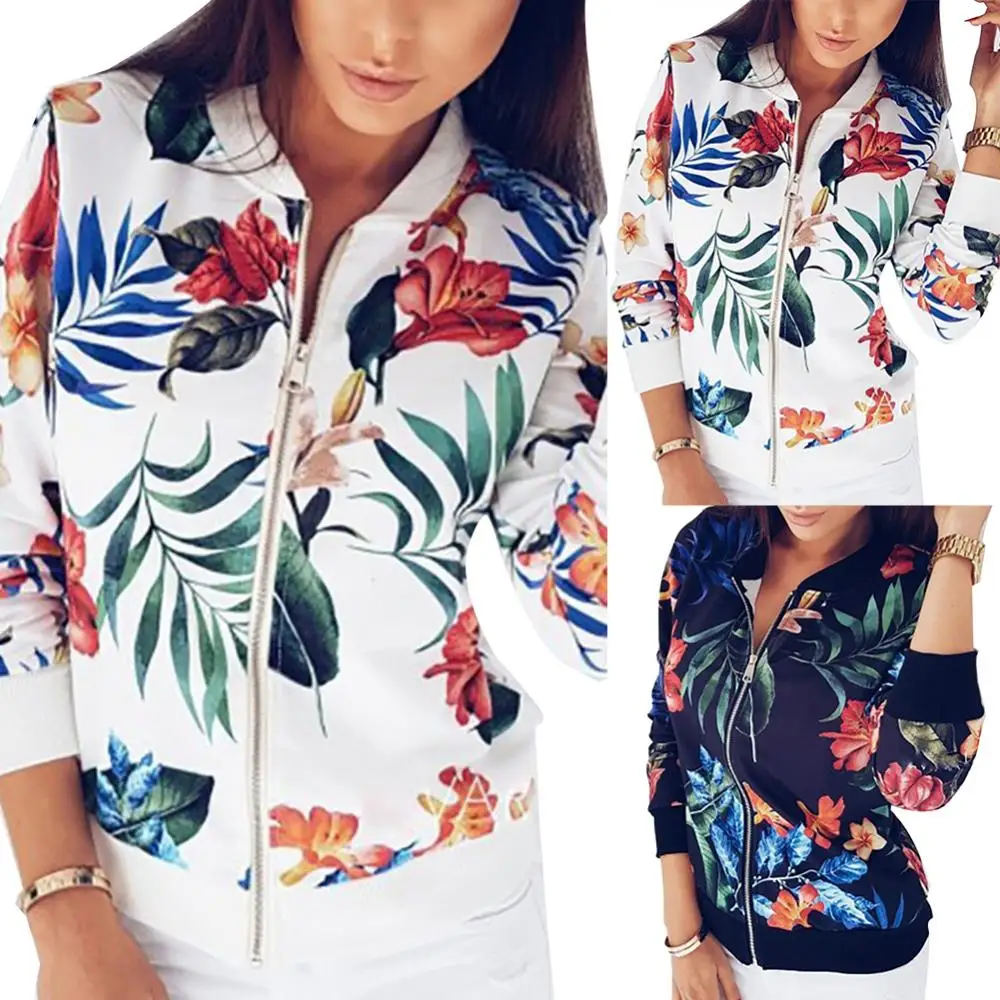 Women Floral Jackets Spring Summer Long Sleeve Zipper Print Jacket Casual Pocket Slim Female Fashion Outwears Plus Size