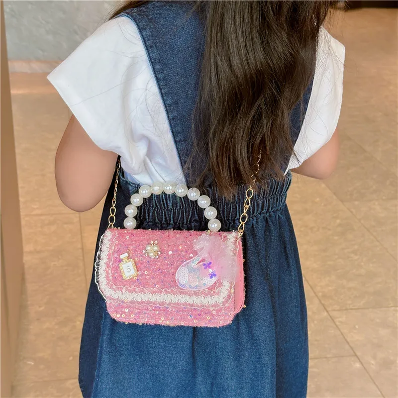 Lace Sequin Baby Girls Small Square Shoulder Bag Cute Cartoon Children\'s Messenger Bags Lovely Pearl Handle Coin Purse Handbags