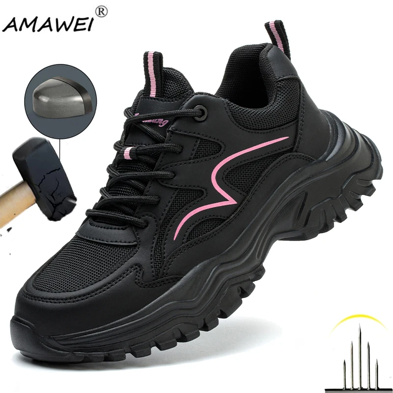 Women Safety Shoes Work Shoes Steel Toe Cap Sneakers Women Mesh Breathable Shoes Slip-Resistant Shoes Oil-Resistant Shoes