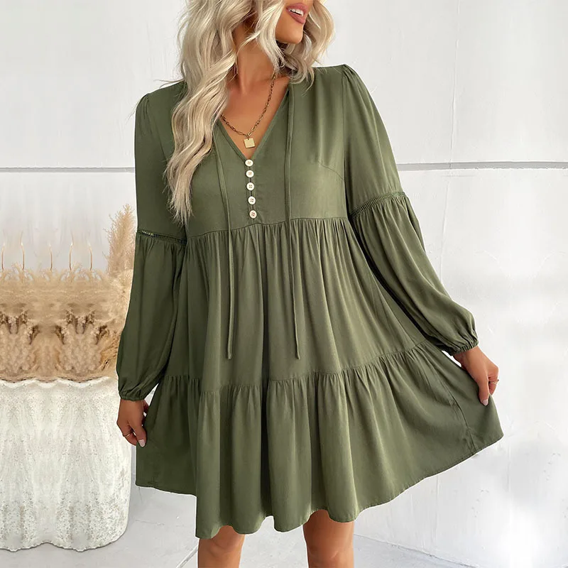 

Loose V-neck Long Sleeve Solid Color Pleated Dresses 2025 American European New Fashion Women's Elegant Casual Trendy Clothes