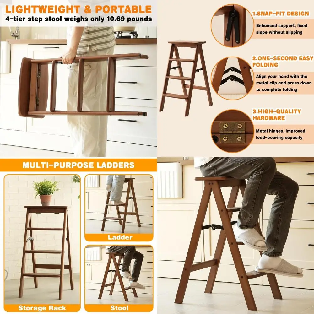 

Folding 4-Step Bamboo Stool - Lightweight, Anti-Slip, 3-in-1, Portable, Space-Saving for Kitchen & Office (Brown, 250lbs Capacit