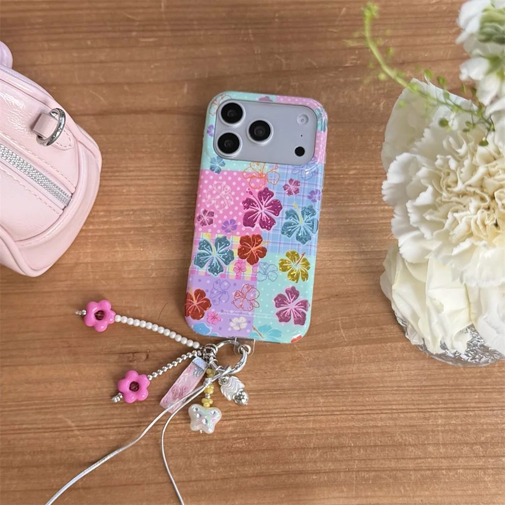 Color Block Plaid Phone Case For iPhone 15 16 17 18 Pro Max Tropical Floral Print Flower Bead Shockproof Cover For Girls