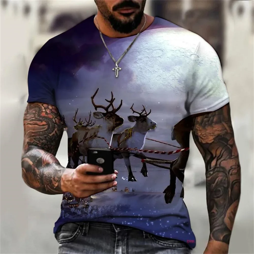 Christmas Men Summer 3D Elk Printed T Shirts Casual Tee Oversized T-shirt Women Short Sleeve Holiday Clothing Breathable Tops