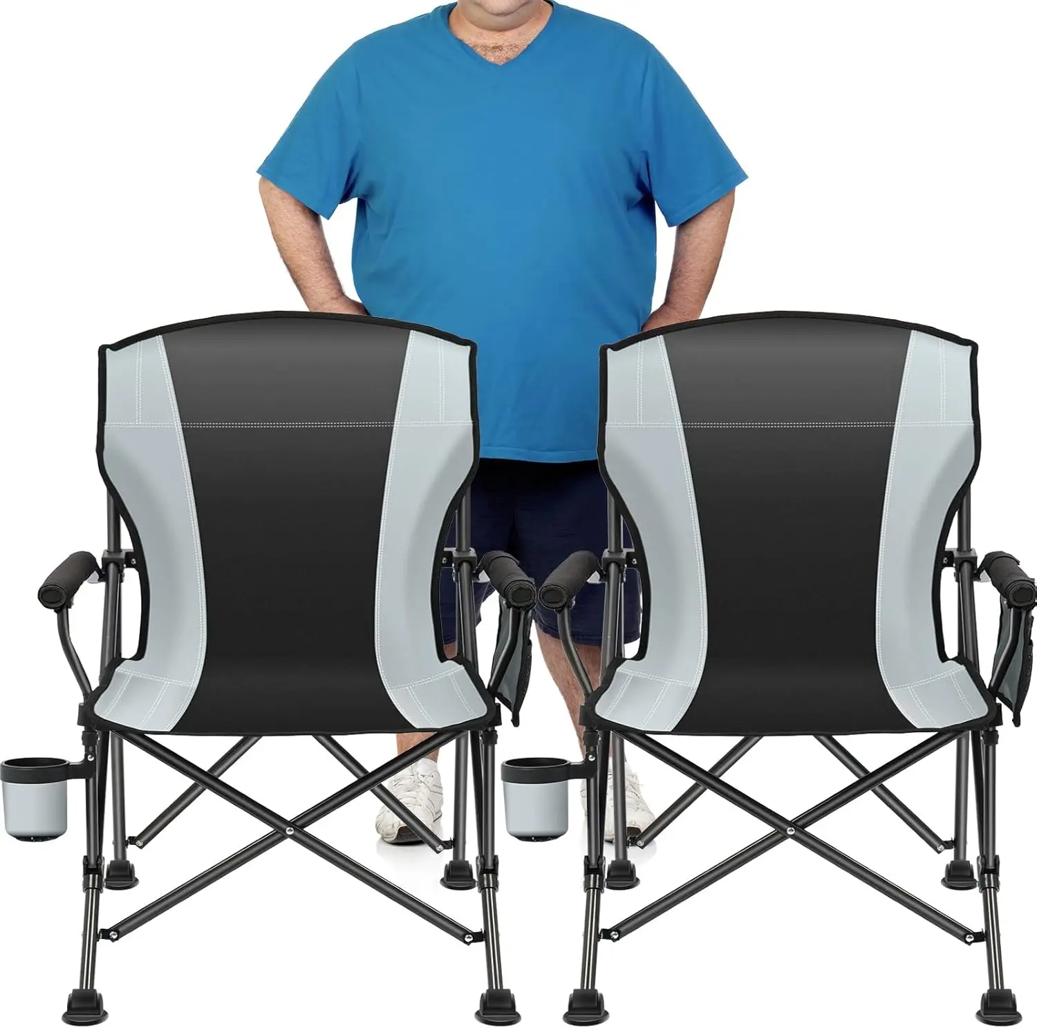 

2 Pack Oversized Folding Camping Chair, 450 LBS Heavy Duty, with Side Pockets, Black-Gray