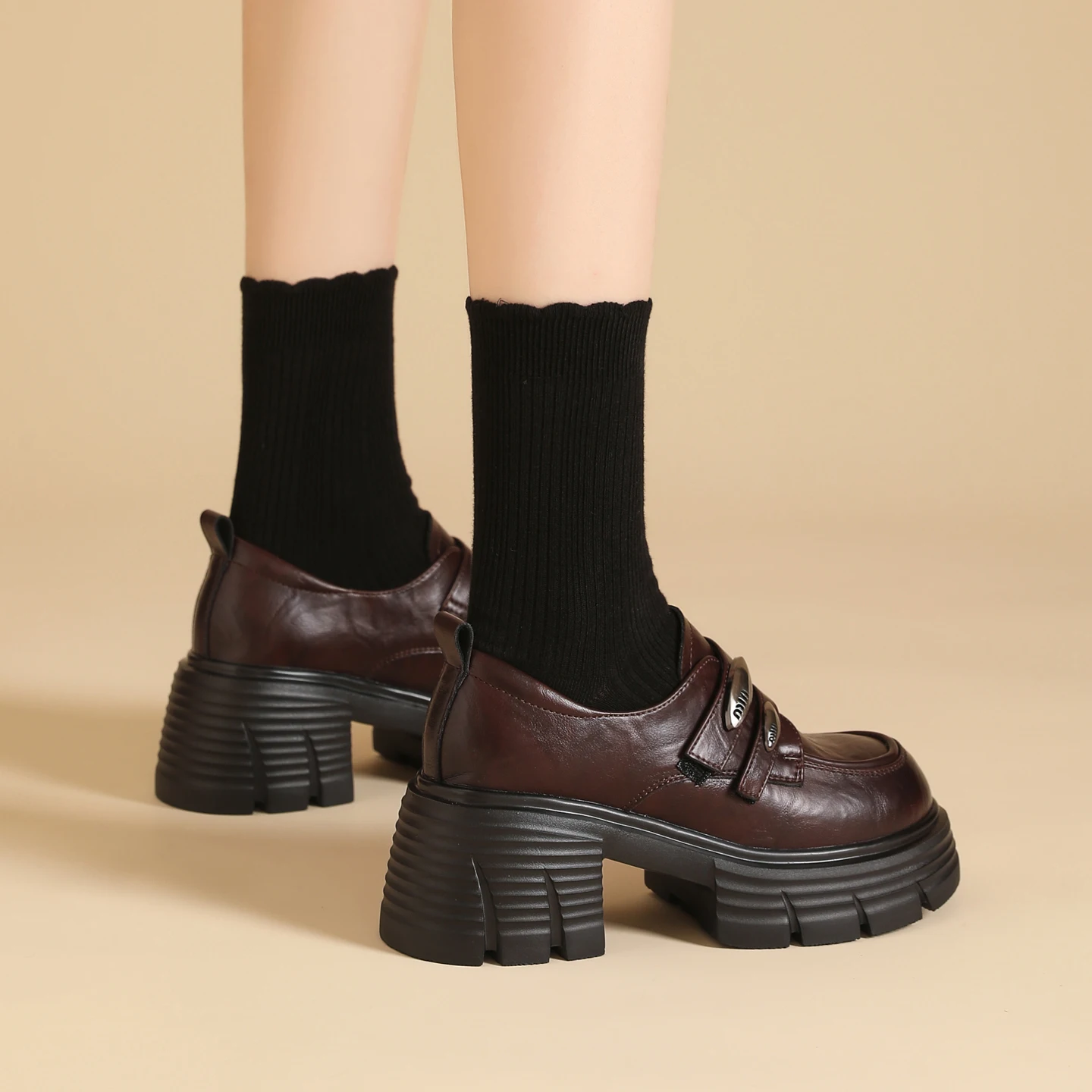 Women's Thick-Heeled Height-Increasing Leather Shoes, Casual Loafers, Women's Shoes