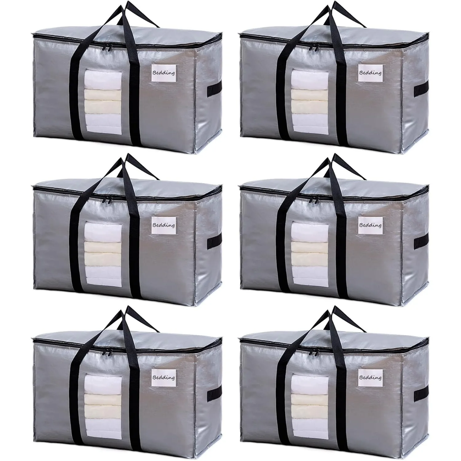 

Extra Large Moving Bags, 6 Pack Silver Heavy Duty Totes For Storage with Visible Window, Wrap Around Handles, Storage Bags