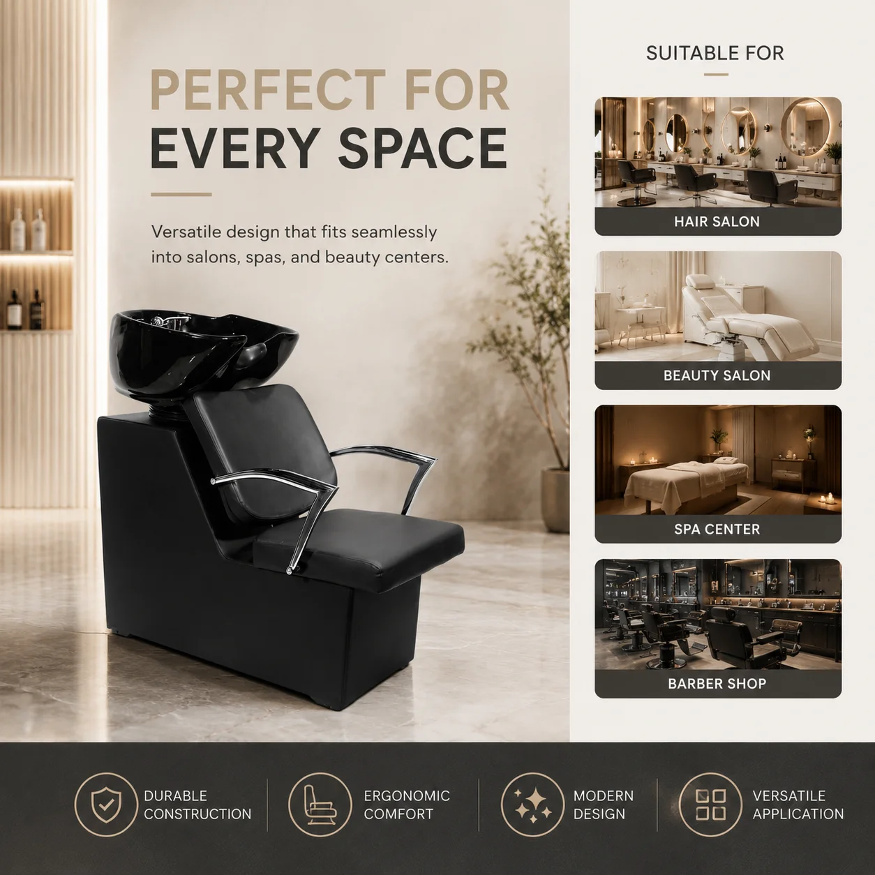 Black Salon Shampoo Backwash Unit With Black Ceramic Basin Comfortable Hair Washing Chair Chrome Armrest Design