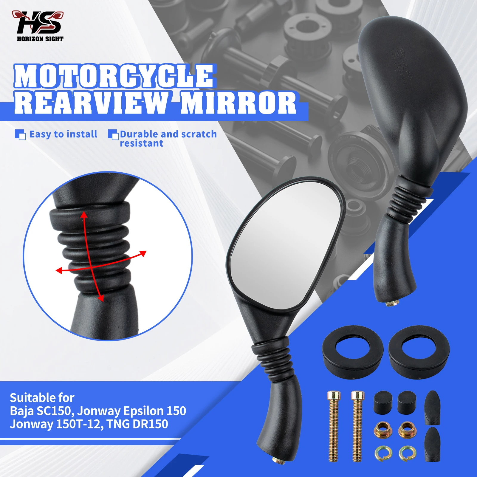 HS Motorcycle Side Mirrors Rearview Mirrors For Baja SC150 MotoFino MF150QT‑10D Jonway Epsilon 150 Jonway 150T‑12 TNG DR150