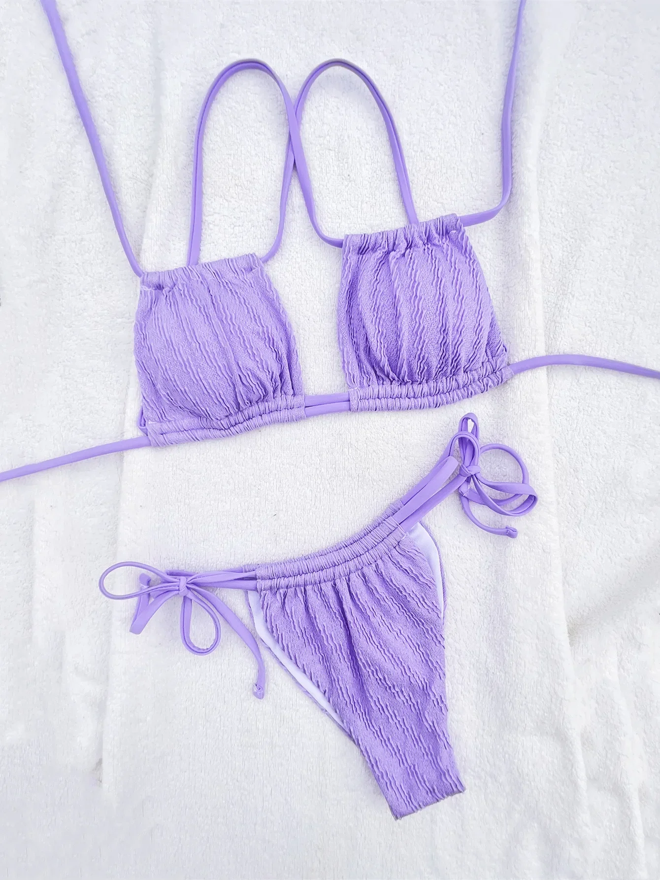 sexy ribbed purple halter bandage bikini sets two pieces thong tie backless swimsuit Swimwear Biquini conjunto de bikini tankini