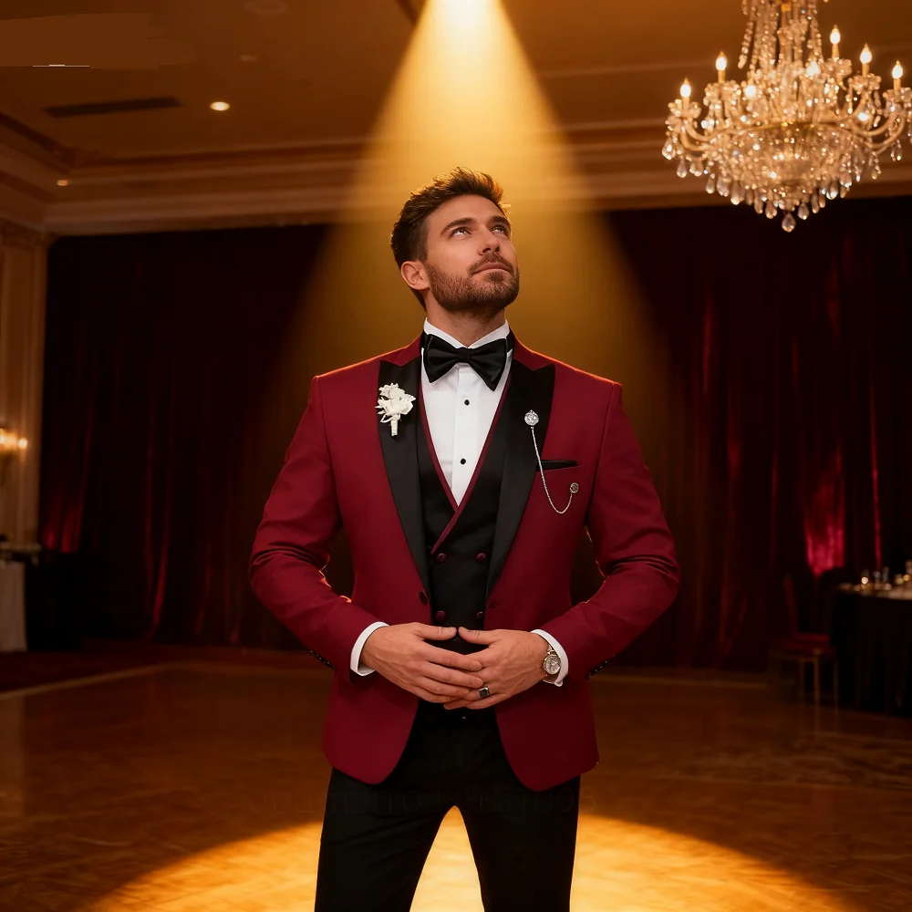 

Свадебные костюмы из трех предметов для мужчин, двубортный смокинг с пиковыми лацканами, куртка, жилет, брюки, деловой модный комплект для вечеринок для жениха