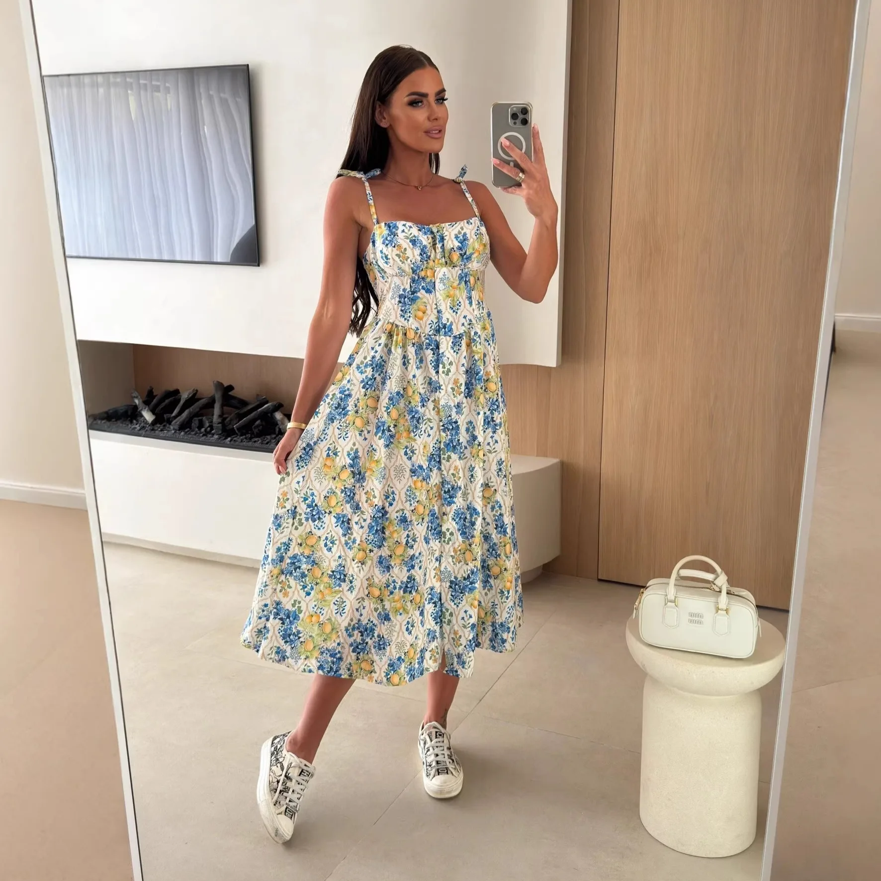 

Women Sexy Bow Lace-Up Long Dress summer new Casual slim fit dress with suspender print Fashion beach vacation dress