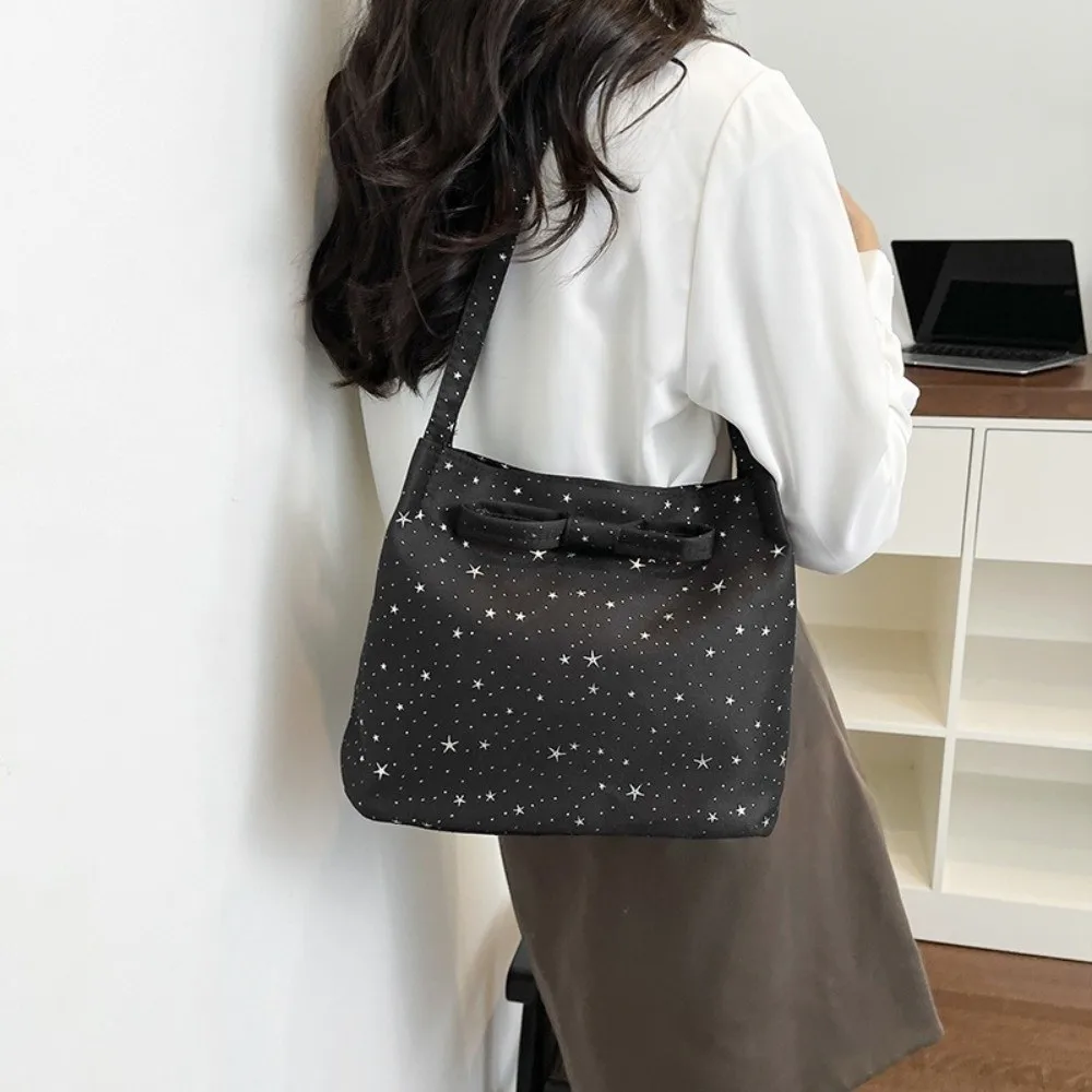 New Large Capacity Women's Shoulder Bag Bow Design Star Sequins Underarm Handbag Casual Bucket Bag Commuting Shopping