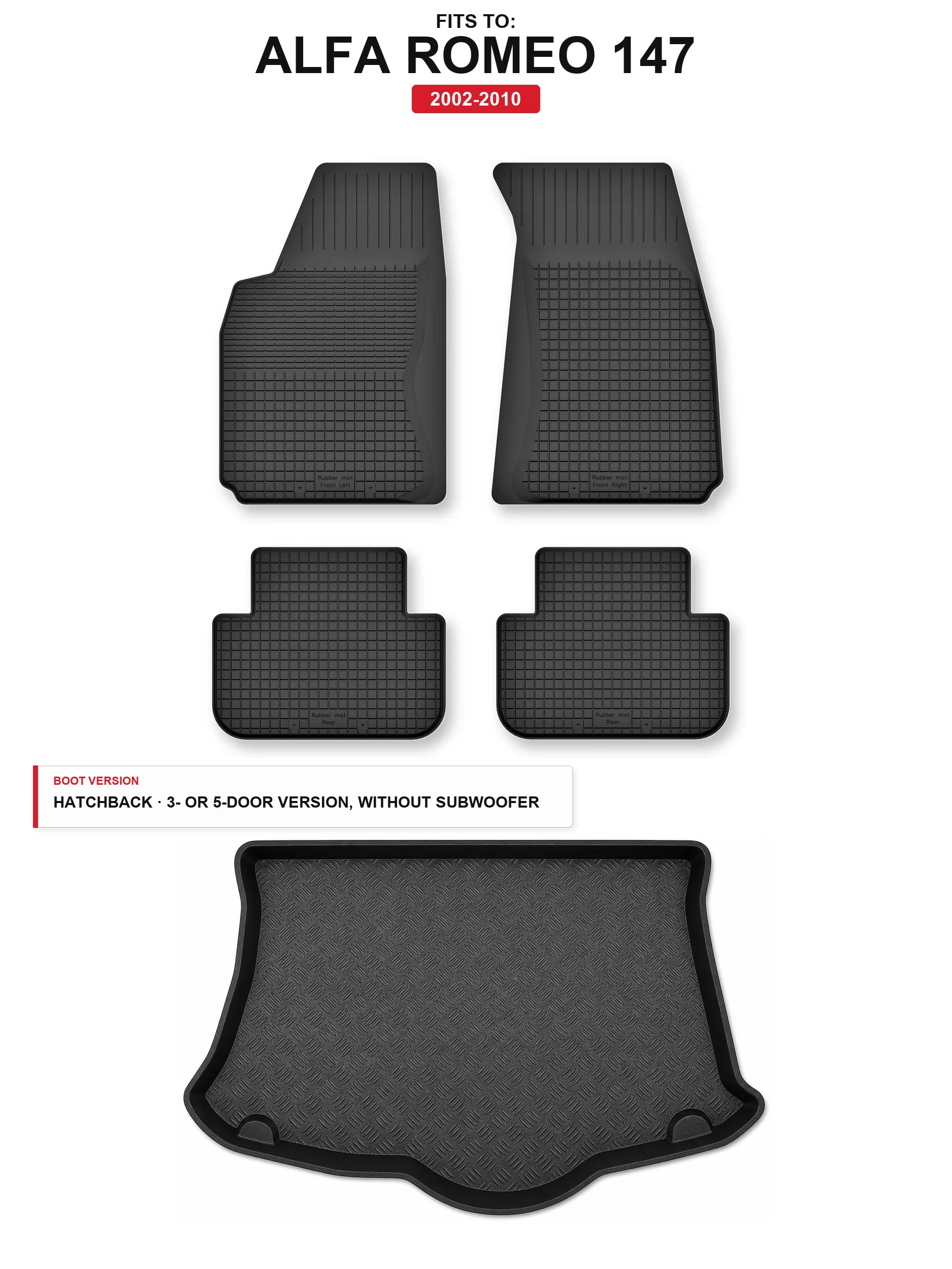Image of Teppichmatten im Kofferraum + Kofferraummatte für: Alfa Romeo 147 2002-2010 5-Türer.
