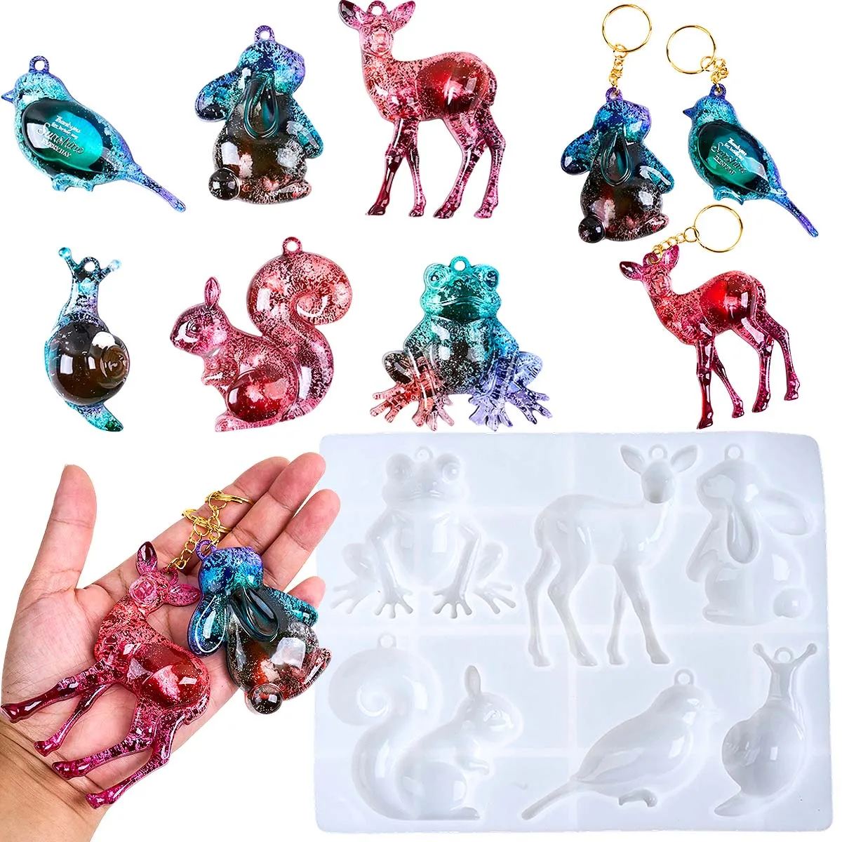 3D Tier-Anhänger Silikonform DIY Frösche Rehkitze Vögel Eichhörnchen Kristall Epoxidharz Schmuck Schlüsselanhänger Bastelgussformen