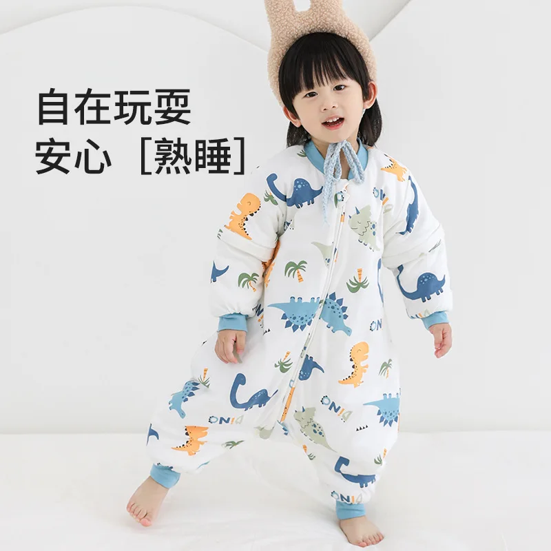 Kids Split Leg Sleeping Bag Cartoon Baby Autumn One-piece Pajamas Removable Sleeves Baby Kick Quilt Zipper Climbing Suit