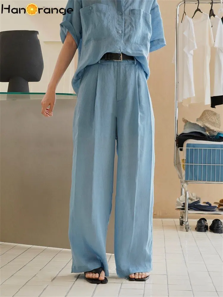 HanOrange 2023 Retro Cool Sky Silk Ramie Wide Leg Pants Loose Drop Sun Protection Trousers Female Black/Light Blue