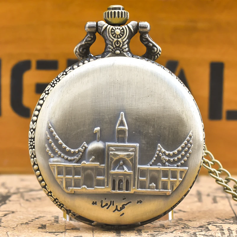 ヴィンテージブロンズスチームパンク機能建築彫刻クォーツ懐中時計ネックレスペンダント時計チェーン男性女性チェーンギフト