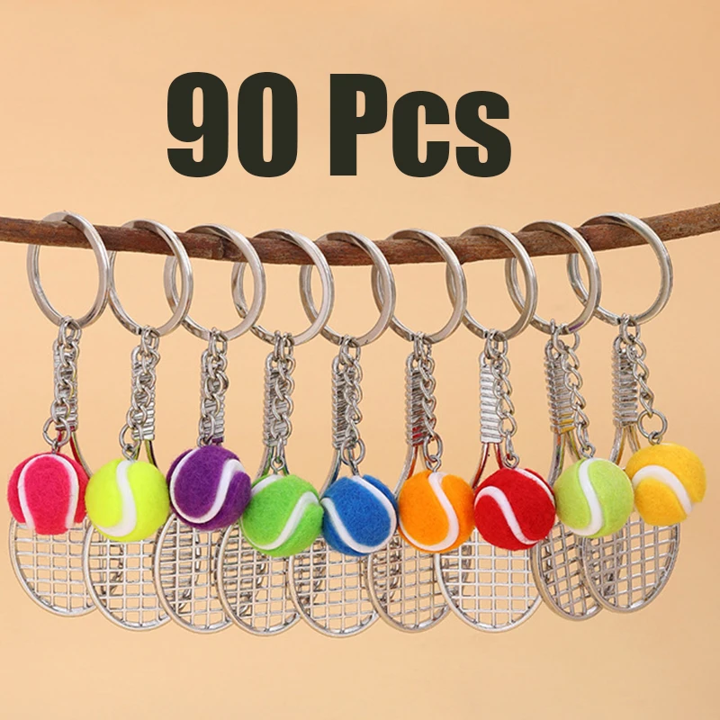 90Pcs Tennis Racket Ball Keychains Portable Sports Key Pendants, Small Prize Gift for Sports Competition & Tennis Fans