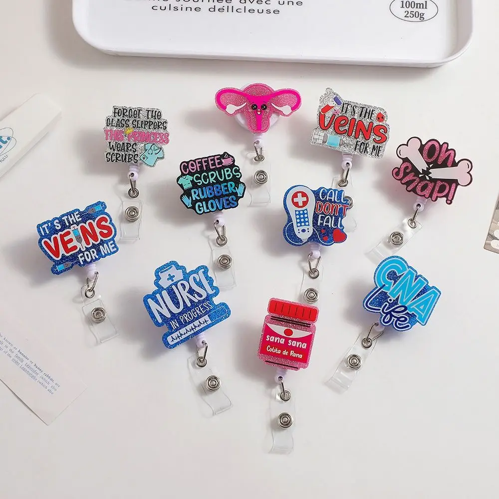 360 Rotating Retractable Badge Reel Alligator Clip Name Tag Easy To Pull Buckle Simplicity Glitter Nurse ID Holder