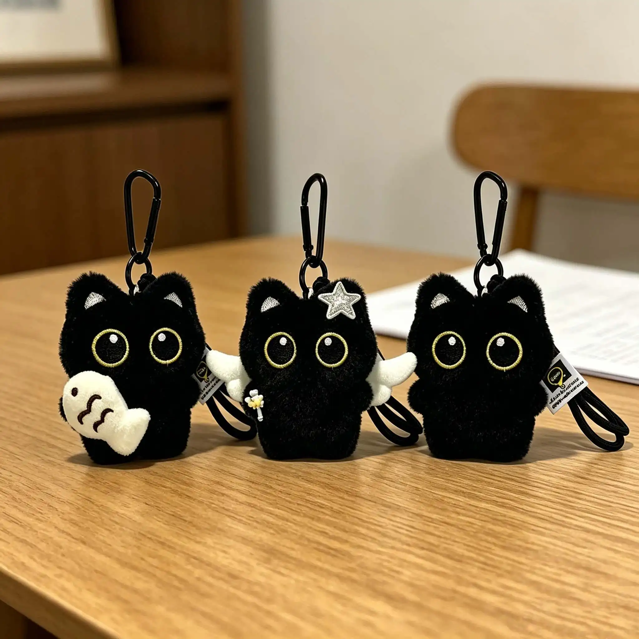 1 Stück Niedlicher Schwarzer Katzen-Plüsch-Schlüsselanhänger Kawaii Puppe Taschenanhänger Autoschlüsselring Weiches Stofftier Paargeschenk für Frauen und Freundinnen