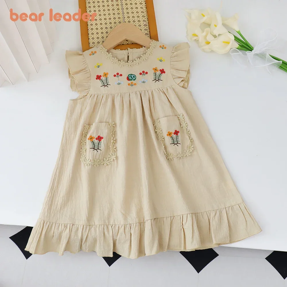 Bear Leader Girls Flower Embroidered Dress Summer Retro Flying Sleeve Dresses with Pockets Children Casual Clothes Fashion