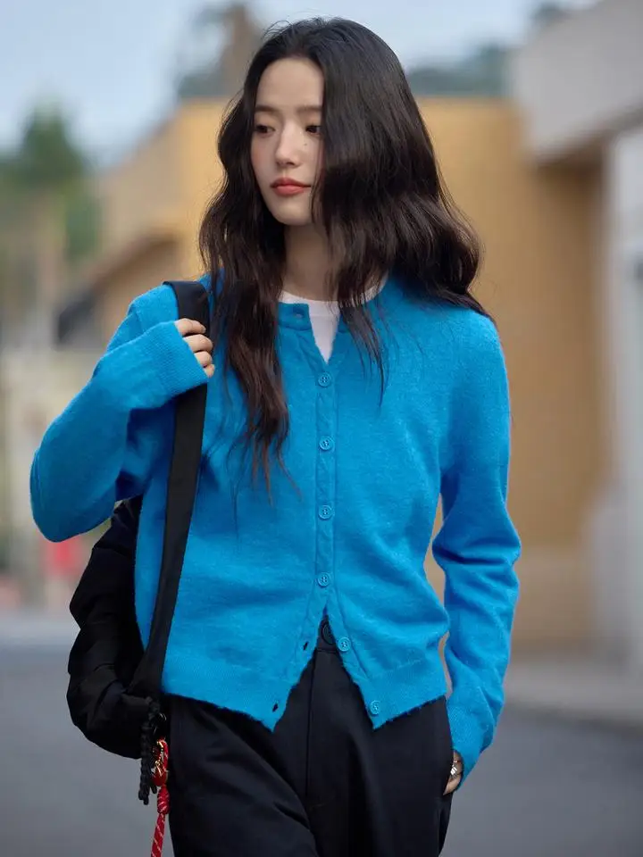 

Blue Rainbow Woolen Sweater ort Women's Sle Spring Autumn Early Spring High Adaptabili White Woolen Cardigan