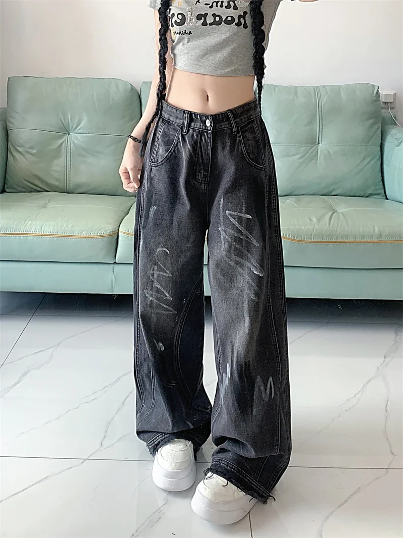 Streetwear Graffiti Black Gothic Y2k Jeans Women Harajuku Denim Trousers Aesthetic Baggy Jean Vintage Cargo Pants Clothes