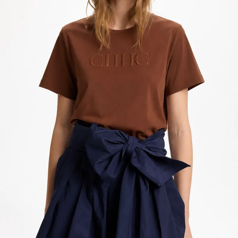 CH Damen-T-Shirt mit CHHC-Stickerei, Rundhalsausschnitt, kurze Ärmel, weiche Baumwolle, lässiges, tägliches Sommer-Top – Detail 2