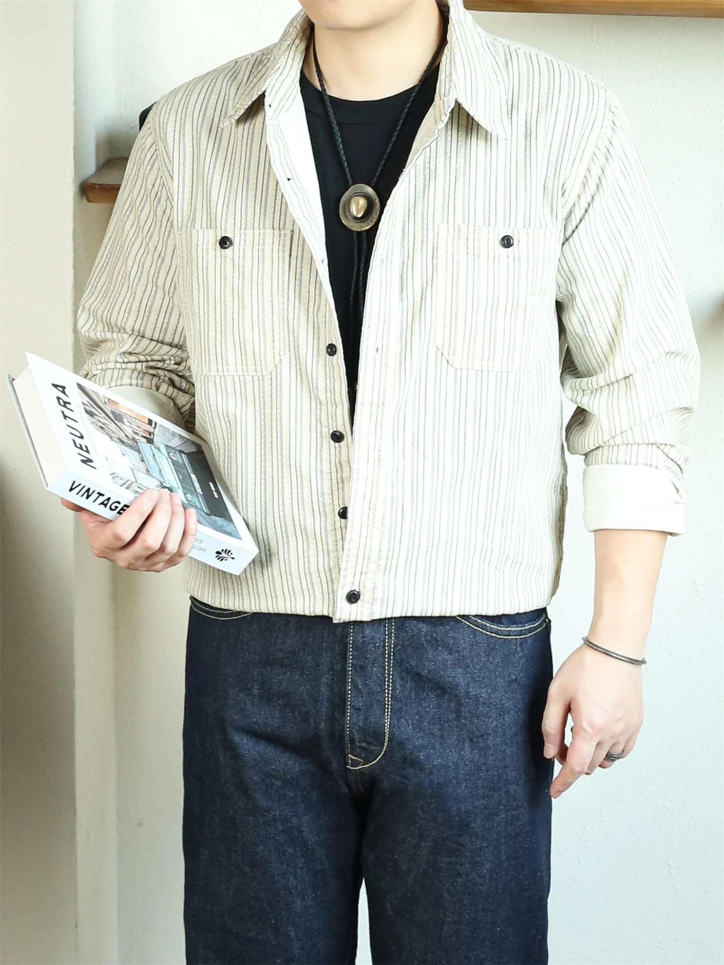 

Retro American Plaid Corduroy Long Sve irt Men's Inner Wear Stand Fit Polyester Cotton Blend Autumn Faion irt