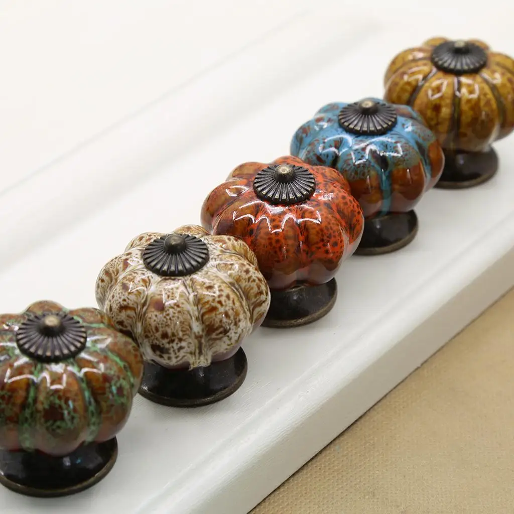 Cute Round Pumpkin Shape Ceramic Cabinet Pull Knobs, 1.6x1.6x1 inch