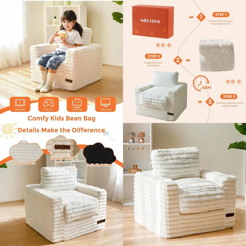 

Удобное кресло-мешок с наполненными подушками, обитый тканью напольный диван с подлокотниками, идеально подходит для детей, бежевый