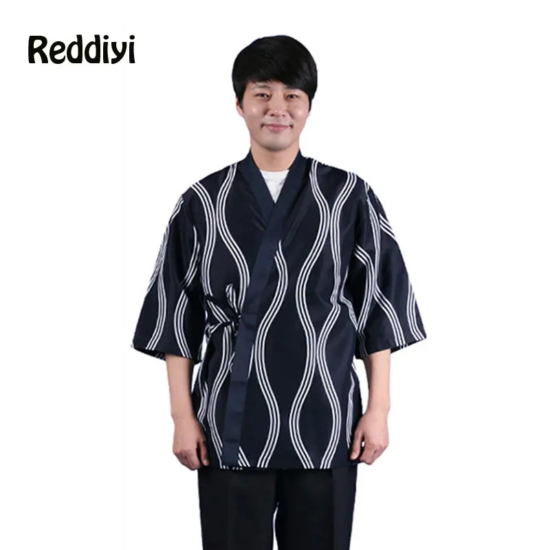 Sushi Restaurant Kitchen Jacket Barbeque Men's Chef Shirt Cuisine Cook Blue Working Clothes Unisex Stripe Printing Kimono