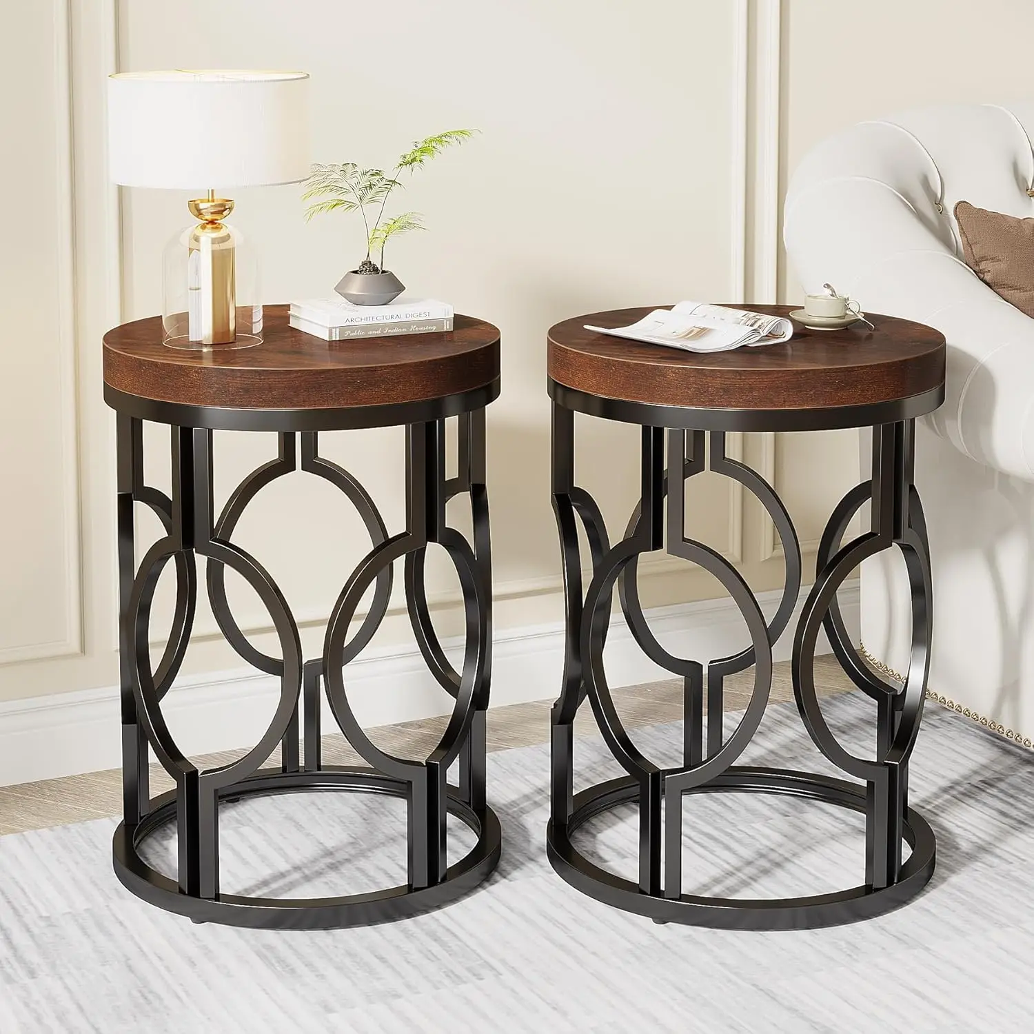 

Round End Table Set of 2, Industrial Side Table with Metal Hollow Frame, Small Bedside Table Nightstand